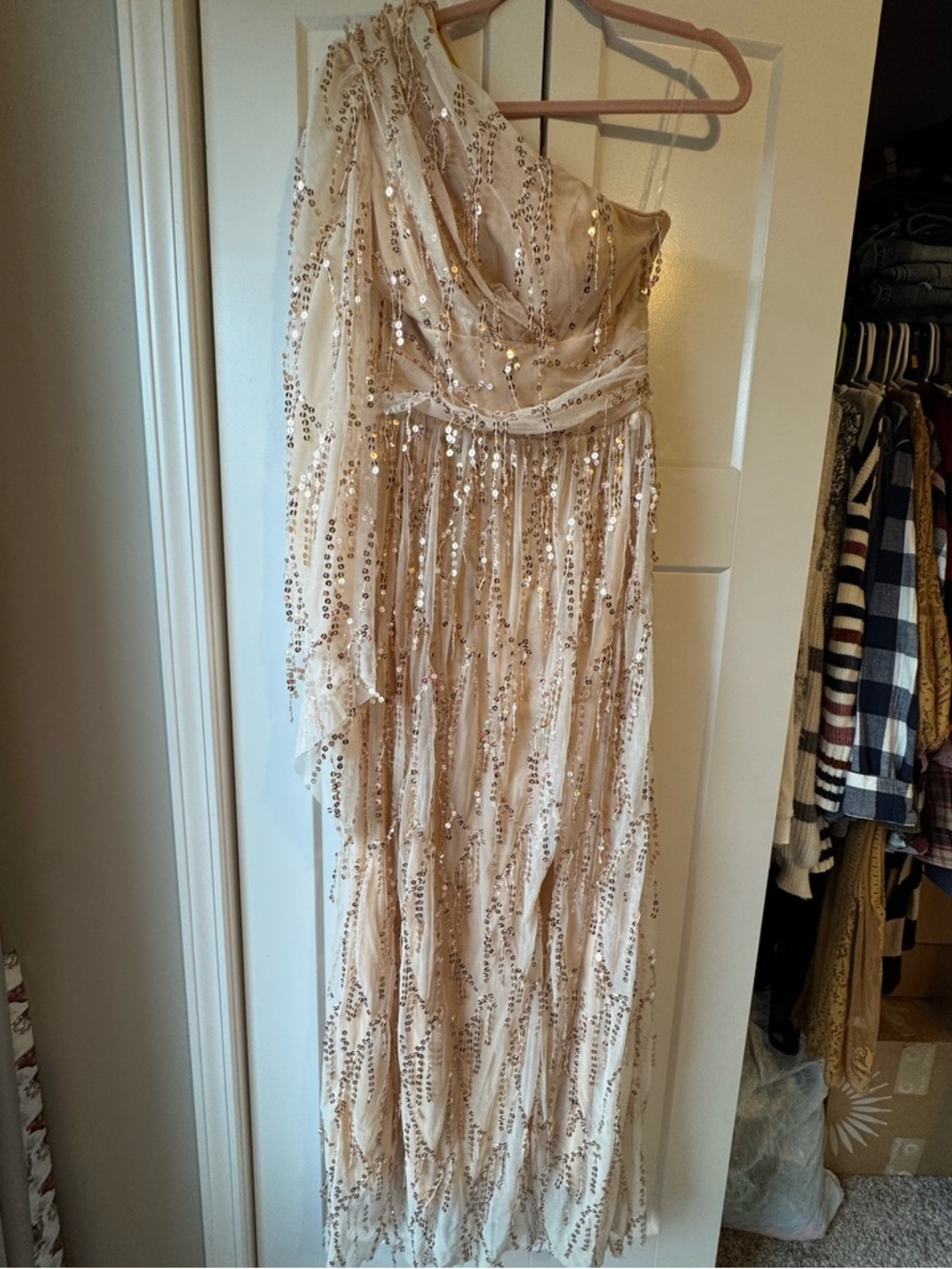 SHEIN One-Shoulder Sequin Maxi Dress in Champagne